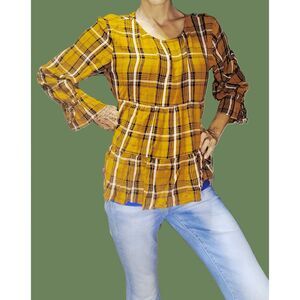 Retro Brown Plaid Tiered Flowy Blouse ~ Boho Medium with Keyhole Back
